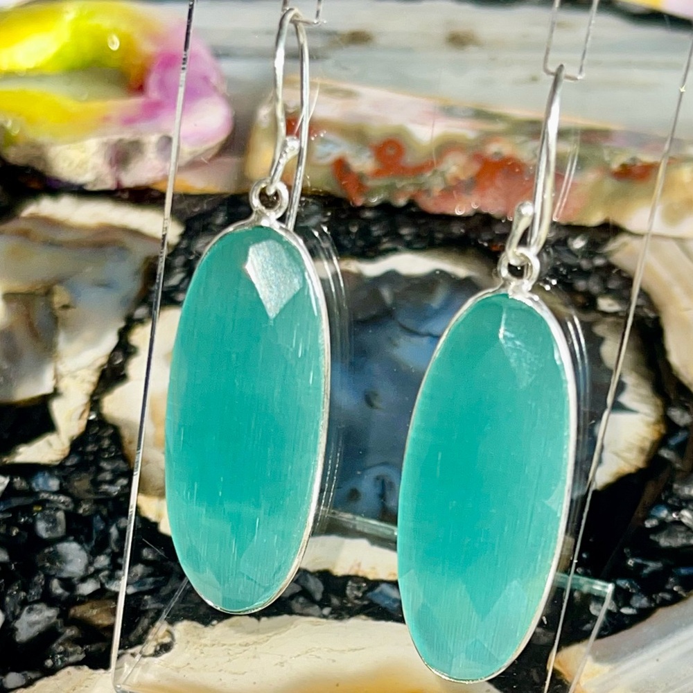 Blue Cat’s Eye Earrings 2 1/4”